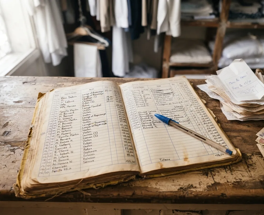 Cahier de gestion manuscrit et tickets papier sur le comptoir d'un pressing